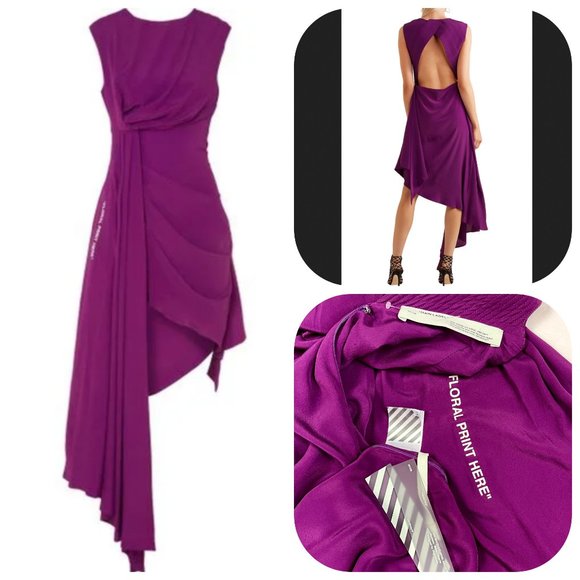 Auc NWT Off-White "Floral Print Here" Asymmetric Crepe De Chine Dress - Picture 16 of 17